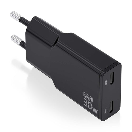 Cargador Gan Ultra Delgado 30W, 2XUSB-C Pd3.0 Qc4.0, Negro