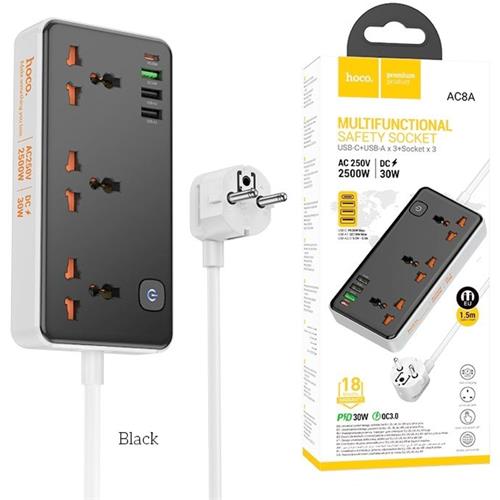 Hoco Ac8a Regleta Multipaís Con Salidas USB 30W Negro