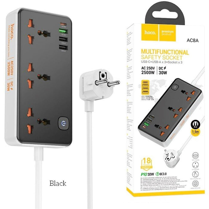 Hoco Ac8a Regleta Multipaís Con Salidas USB 30W Negro