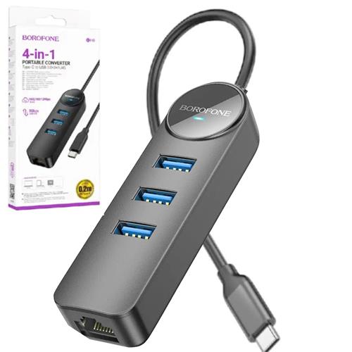 Borofone Dh6 Hub USB-C Con 3 Puertos USB 3.0 Y Rj45 1000/100