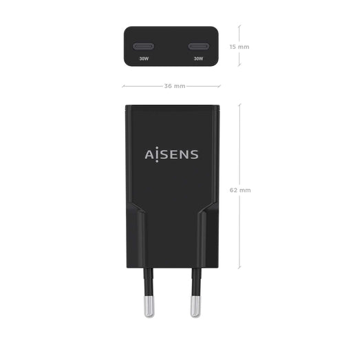 Cargador Gan Ultra Delgado 30W, 2XUSB-C Pd3.0 Qc4.0, Negro