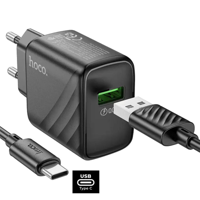 Cargador USB 18W Hoco Cs21a Qc 3.0 + Cable USB-C Negro