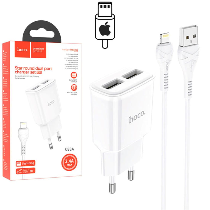 Hoco C88a Cargador Star Round Dual Port + Cable Lightning White