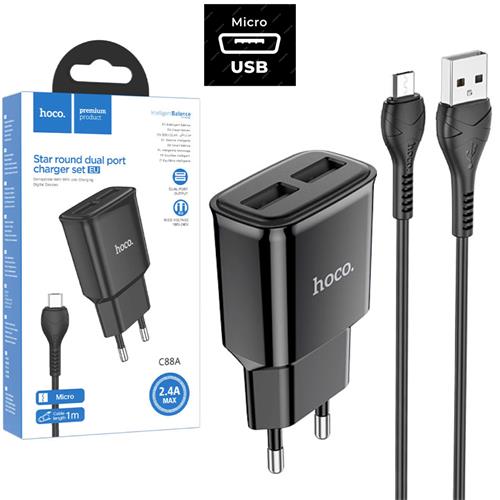 Hoco C88a Cargador Star Round Dual Port + Cable Micro USB Black