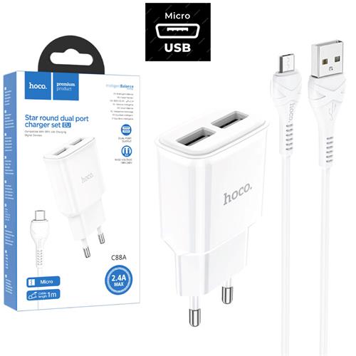 Hoco C88a Cargador Star Round Dual Port + Cable Micro White