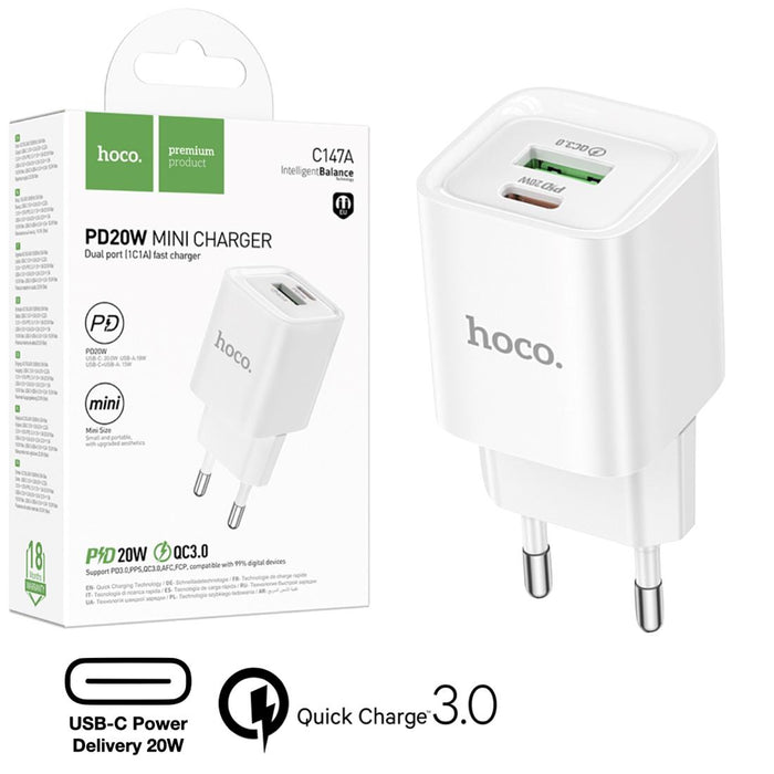 Hoco C147a Cargador USB Qc3.0 Y USB-C Pd 20W Blanco