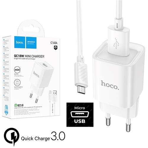 Cargador + Cable Micro USB Hoco C145a 18W Qc3.0 Blanco