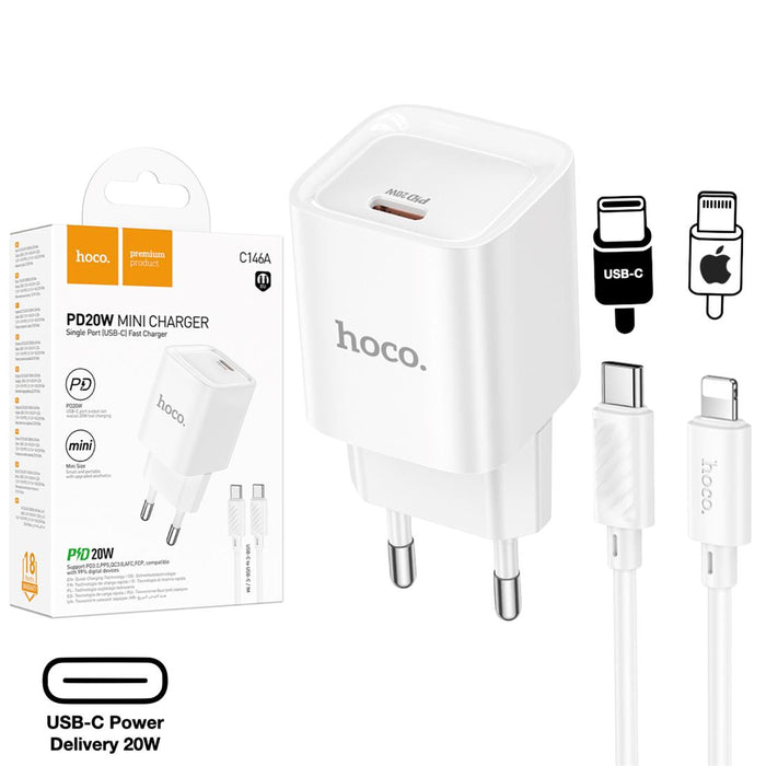 Cargador USB-C 20W + Cable Lightning Hoco C146a Pd20w Blanco