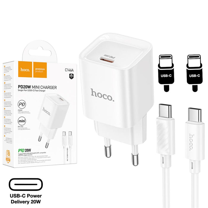 Cargador USB-C 20W + Cable USB-C Hoco C146a Pd20w Blanco