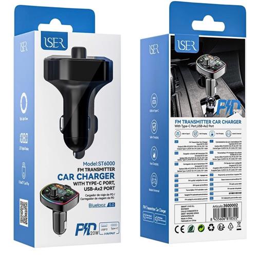 Transmisor Fm Y Bluetooth Coche Con Cargador 20W Iser St6000