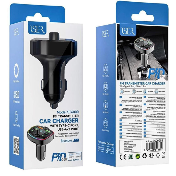 Transmisor Fm Y Bluetooth Coche Con Cargador 20W Iser St6000