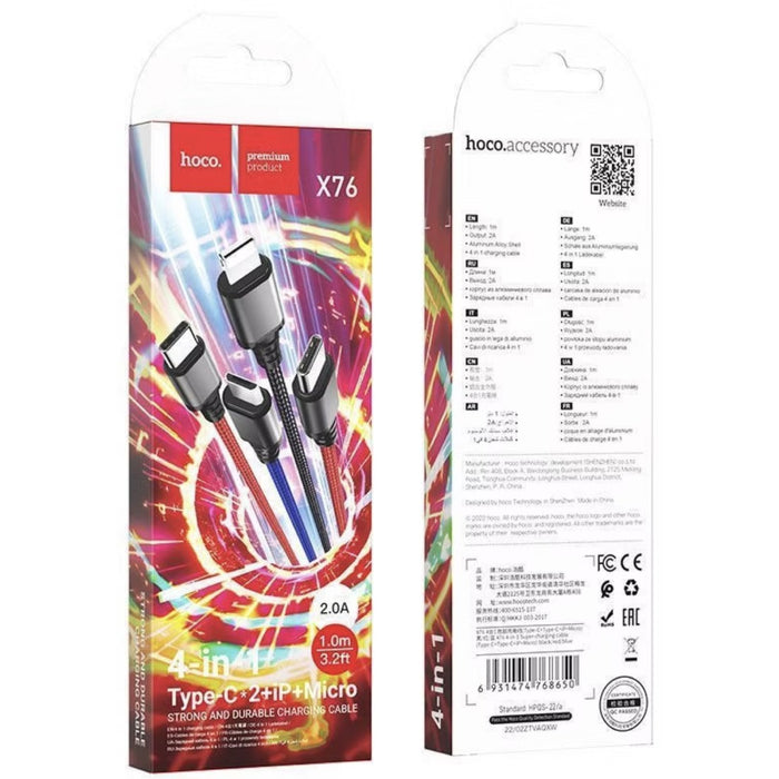 Cable USB A USB-C X 2, Lightning Y Micro 4-1X76 Negro, Rojo Azul