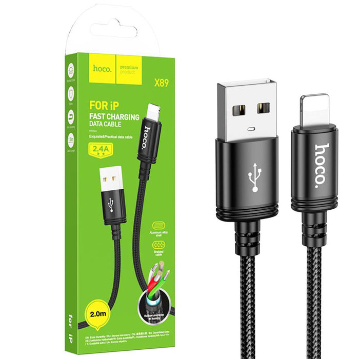 Cable USB A Lightning 2 Metros 2.4 Amp Hoco X89 Reforzado Negro