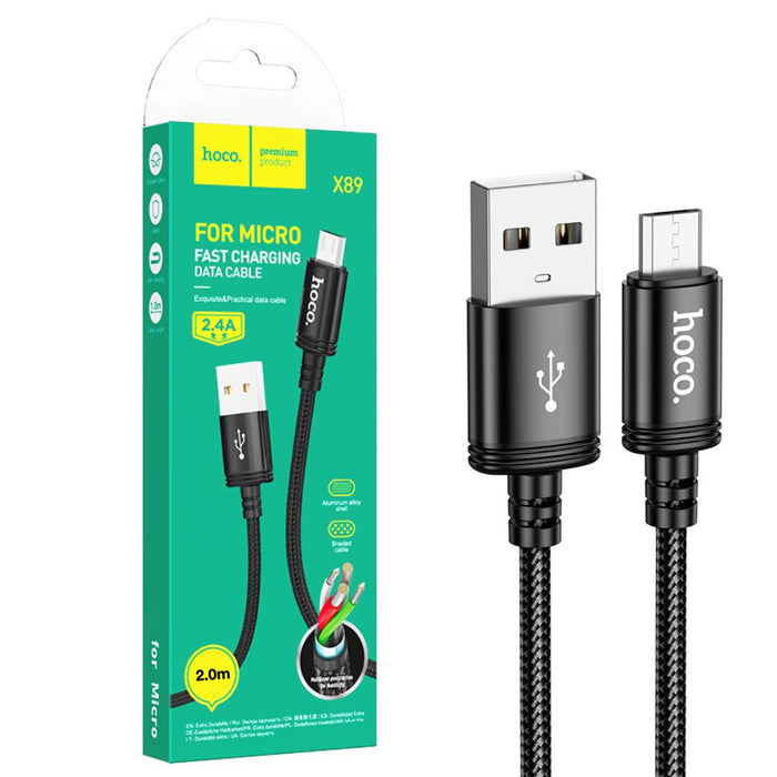 Cable USB A Micro 2 Metros 2.4 Amp Hoco X89 Reforzado Negro