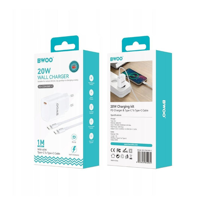 Bwoo Cargador Rápido 20W Cable Type-c To Type-c 1 Metro Blanco (
