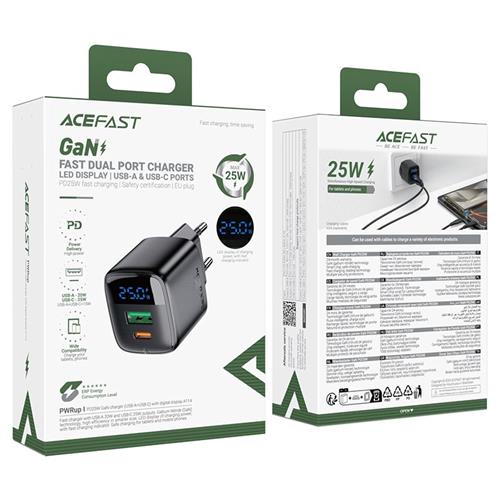 Cargador USB-C Y Usb-a Acefast A114 Pd25w Gan Con Display Digita